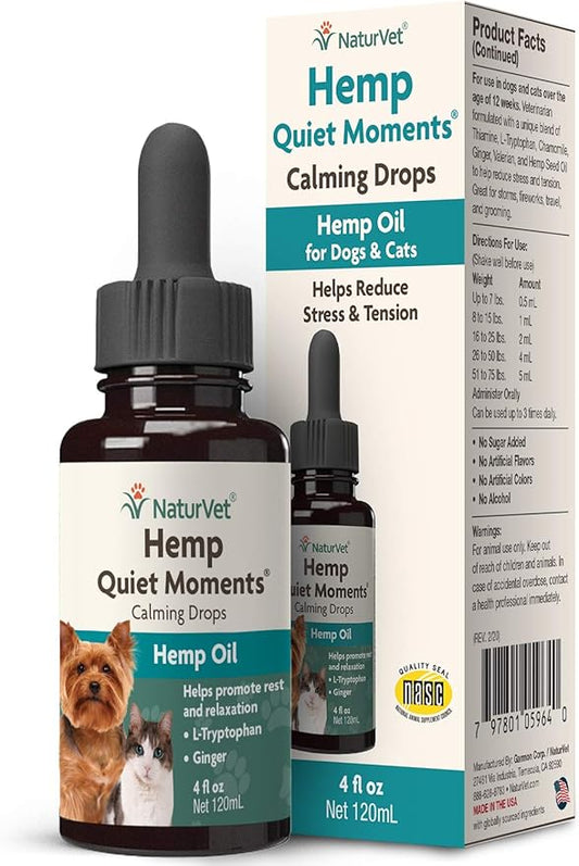 NaturVet – Hemp Quiet Moments Calming Drops - 4 oz – Enhanced with Hemp Seed Oil, L-Tryptophan & Ginger – Helps Reduce Stress & Promote Relaxation – for Dogs & Cats