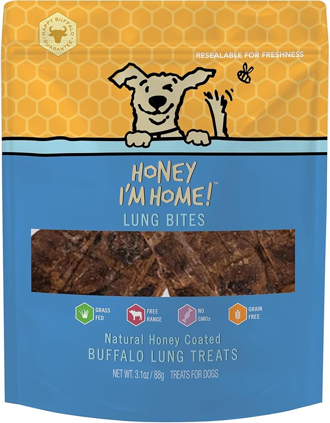 Honey I'm Home, Lung Bites Buffalo Dog Treats, 3.1 Ounces - All Natural, Free Range, Healthy, Grain Free, Honey Coated & Crispy