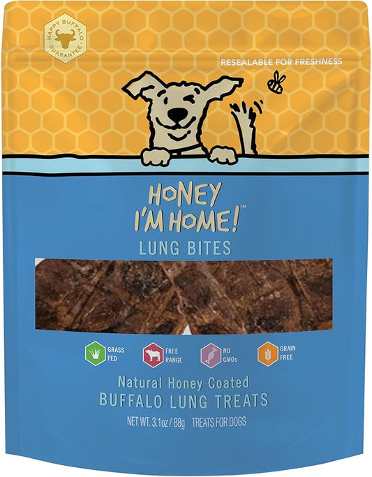 Honey I'm Home, Lung Bites Buffalo Dog Treats, 3.1 Ounces - All Natural, Free Range, Healthy, Grain Free, Honey Coated & Crispy