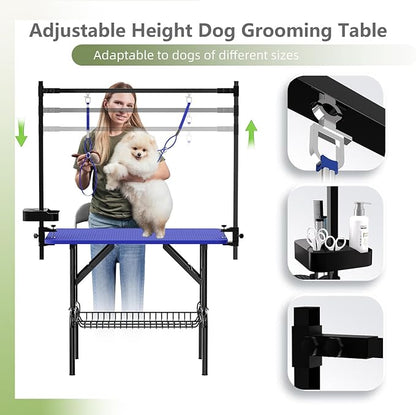 VFK 36''/47''Large Dog Grooming Table, Foldable Pet Station at Home, Dog Grooming Table,Adjustable Cat Drying Desktop with Arms, Nooses, Mesh Tray (Basic pet Table, 36" Blue)