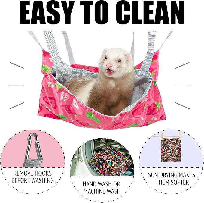 Guinea Pig Hammock,4 Pack Ferret Hammock Small Pets Hanging Hammock Ferret Hideout Bed Hamster Cage Accessories for Guinea Pig,Rat,Sugar Glider,Squirrel,Hamster(Strawberries)