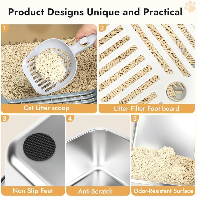 Vivifying XL Stainless Steel Cat Litter Box, High Side Metal Litter Pan with Scoop and Footboard for Big Cats, Kittens, Rabbits and Hamsters, Easy Cleaning Design (Gray)