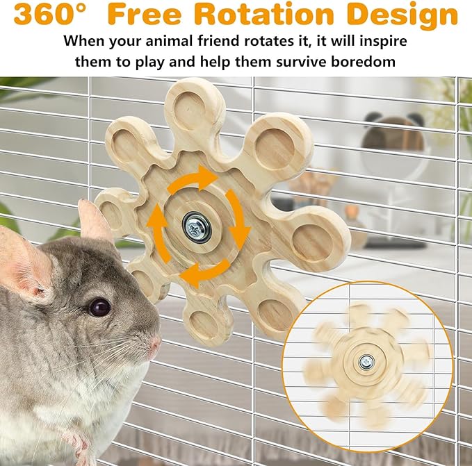 PINVNBY 2 PCS Natural Wooden Chinchilla Chew Toys Rotatable Chinchilla Toy Interactive Teeth Grinding Chew Toy Hanging Chinchilla Cage Accessories for Bunny Rabbit Guinea Pig Hamster Squirrel (Snow)
