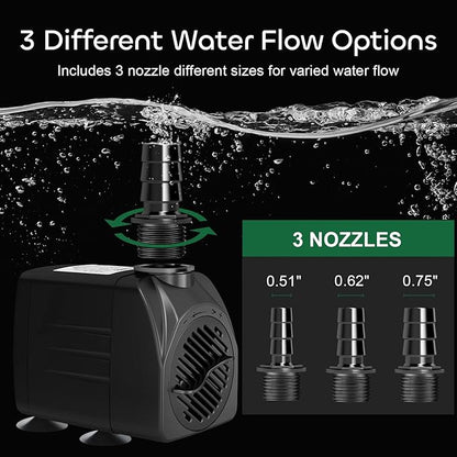 GROWNEER 550GPH Submersible Pump 30W Fountain Water Pump, 2000L/H, with 7.2ft High Lift, 3 Nozzles for Aquarium, Fish Tank, Pond, Hydroponics, Statuary
