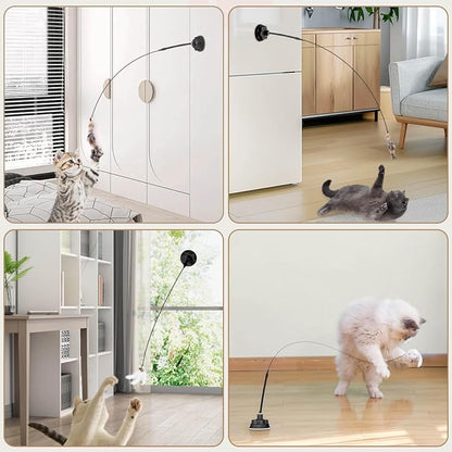 Suction Cup Cat Toys for Indoor Cats,3 in 1 Suction Cup Cat Toy,Interactive Simulation Cat Toy Set Self Play or Handheld,Feathers & Bells,Realistic Toy Mouse and Silvervine Sticks (Blue)