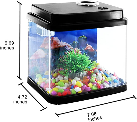 Mini Fish Tank Small Aquarium 1 Gallon Fish Bowl 6 Color Auto-Looping Light 3 in 1 Quiet Pump with Filteration & Oxygenation & Circulation,Submarine Background,Thickened Base