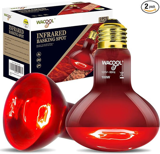 WACOOL 2 Pack Reptile Heat Lamp Bulbs,100W Infrared Basking Spot Light for Reptiles & Amphibians, Red Heat Lamp Bulb for Bearded Dragon Gecko Turtle Lizard