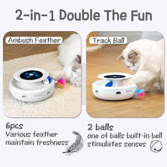 ORSDA 2in1 Interactive Toys for Indoor Cats, Timer Auto On/Off, Cat Toy Balls & Ambush Electronic Cat Mice Toy for Entertainment with 6pcs Feathers, Dual Power Supplies
