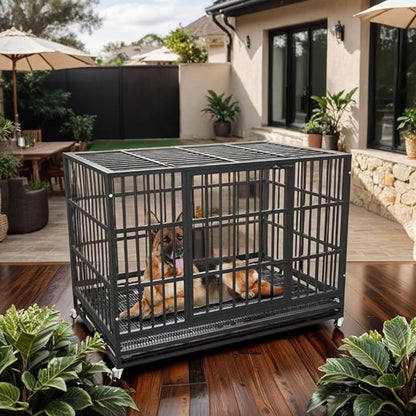 54/48/42/38 Inch Heavy Duty Dog Crate Cage with Wheels, Indestructible and Escape Proof Steel Kennel Indoor for High Anxiety Dogs with Sturdy Locks, Double Door and Tray, Extra Large XL XXL