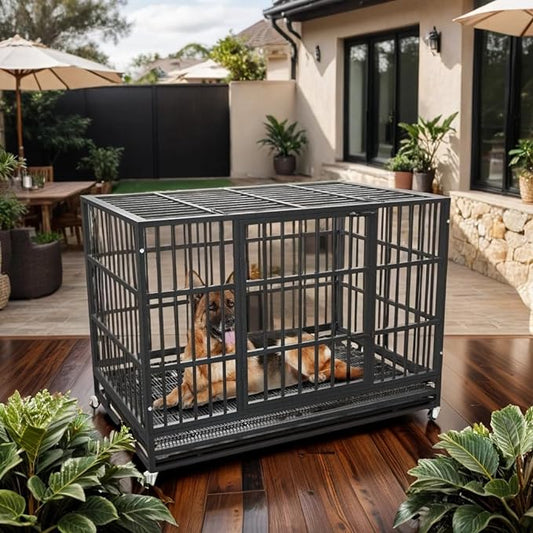 54/48/42/38 Inch Heavy Duty Dog Crate Cage with Wheels, Indestructible and Escape Proof Steel Kennel Indoor for High Anxiety Dogs with Sturdy Locks, Double Door and Tray, Extra Large XL XXL