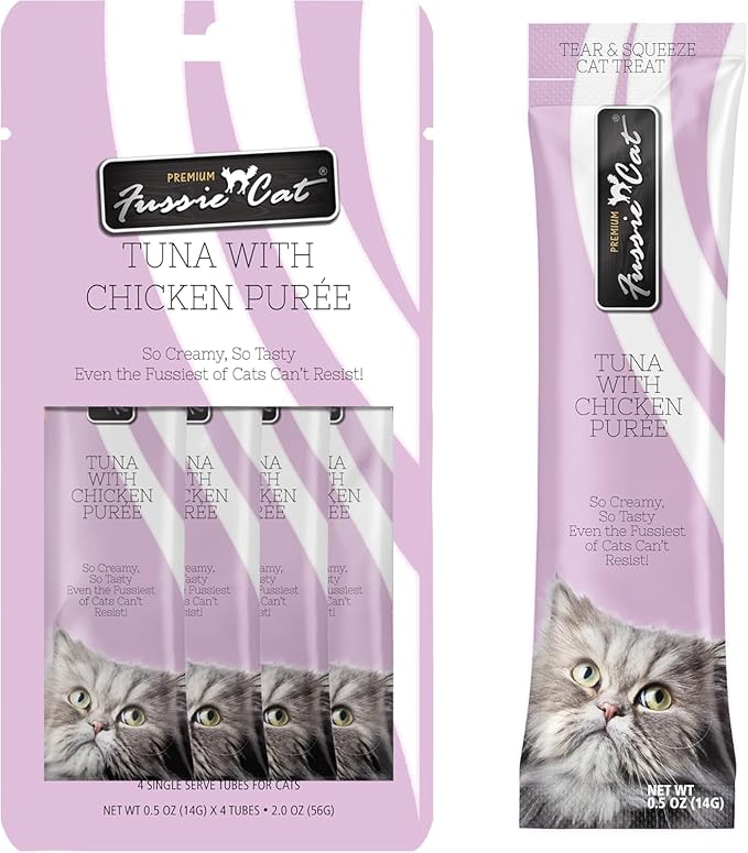 Fussie Cat Premium Puree Lickable Cat Treats in Tuna Puree, Lickable Treats, 3 Packs of 4-0.5oz Tubes,(12 Total Tubes) Variety Flavor Pack of 3 Flavors. Salmon, Shrimp, Chicken + Lid