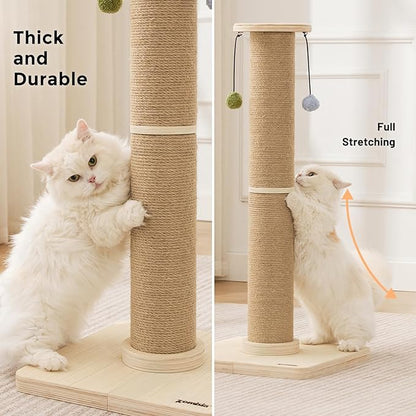35'' Tall Cat Scratching Post, 4.7'' Large Scratch Post with Thicken Wooden Base for Indoor Cats Adults, Sisal Scratcher Top & Dangling Balls, Super Sturdy
