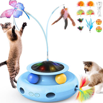 Interactive Cat Toy: 4 in 1 Automatic Cat Toy for Indoor Cats, Self Play Kitty Toy with Fluttering Butterfly, Track Ball and Feather Pack, Blue