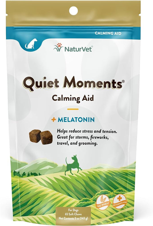 NaturVet Quiet Moments Calming Dog Supplement, Dog Soft Chews with Melatonin to Help Reduce Stress from Storms, The Vet, Fireworks, and Travel, Bacon and Chicken Flavored Pet Supplement, 65 Count