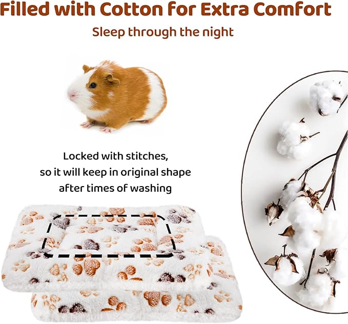 Amakunft 2 Pcs Guinea Pig Bed Mat Washable, Rabbit Winter Bed Pad for Indoor, Warm Small Animal Bed Mattres, Fleece Sleeping Pad for Bunny, Rat, Hedgehog, Sugar Glider, Chinchilla (Paw, Medium)