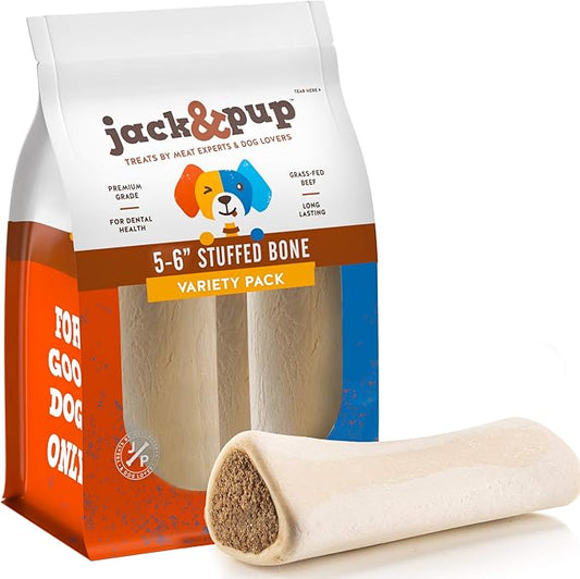 Jack&Pup 5-6" Filled Dog Bones for Large Dogs, Flavored Shin Dog Bones Long Lasting, Stuffed Bone for Dogs, High Protein, Variety Pack - Bully Stick, Bacon and Cheese, Peanut Butter Flavor - 3 Pack