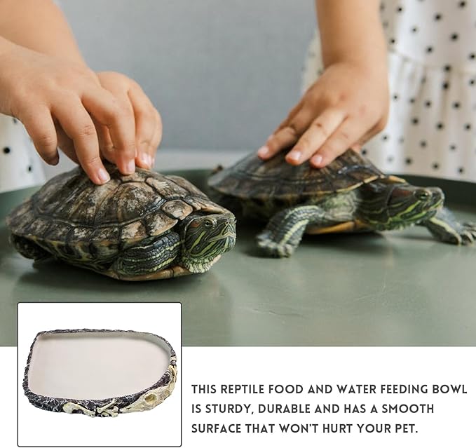 Reptile Water Food Bowl Resin Rock,Flat Tortoise Water Feeding Plate Bowl Reptile Habitat Terrarium Enclosure Tank Accessories for Turtle Bearded Dragon Lizard Gecko Chameleon