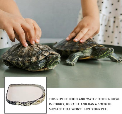 Reptile Water Food Bowl Resin Rock,Flat Tortoise Water Feeding Plate Bowl Reptile Habitat Terrarium Enclosure Tank Accessories for Turtle Bearded Dragon Lizard Gecko Chameleon