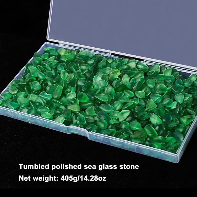 QEQEKAKA Sea Glass Stones for Crafts About 1LB (405g/14.28oz) Green Glass Pebbles Gemstones Bulk for Aquarium Rocks Fish Tank Gravel Green Filler for Vases Centerpieces