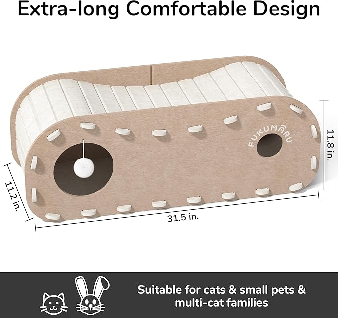 FUKUMARU Cat Beds for Indoor Pets, 31.5 Inches Extra-Large Cat Cave for Multi-Pet, Cozy House with Fluffy Ball Hanging, Scratch Resistant Felt Kitten Hideaway Bed, Feline Tunnel, Beige