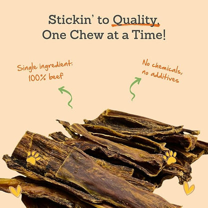 Gullet Flat Jerky (12" Long, 15 Count/Pack) Buffalo Dog Treats for Large, Medium & Small Breed, Healthy Training Treats for Dogs, Gluten Free & Odor Free, Easily Digestible - 1lb