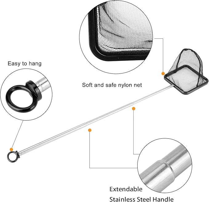 Aquarium Net with Extendable Stainless Steel Long Handle, Fine Mesh for Fish Tank