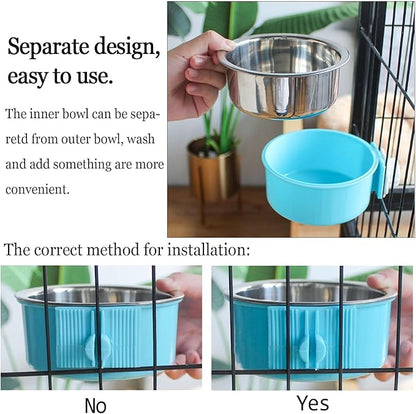 kathson Crate Dog Bowl, Removable Stainless Steel Hanging Pet Cage Bowl Food & Water Feeder Coop Cup for Cat, Puppy, Birds, Rats, Guinea Pigs (2 PCS, Size: M, Blue and Pink)