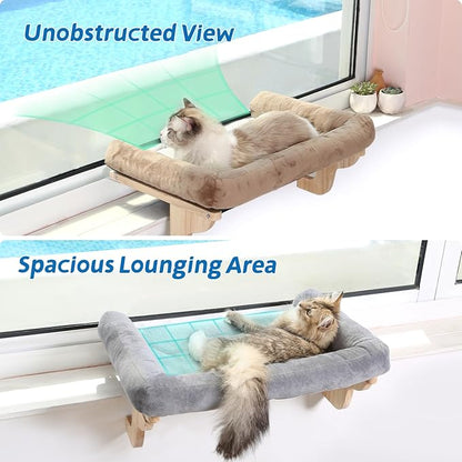 Zakkart Cat Perch for Window Sill with Bolster - Orthopedic Hammock Design with Premium Hardwood & Robust Metal Frame - Cat Window Seat for Large Cats and Kittens - Natural Color Wood with Brown Bed