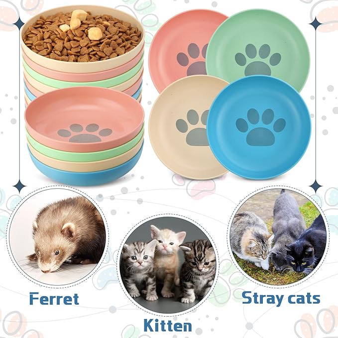 Tioncy 24 Pcs Fatigue Relief Cat Bowl 5.5 Inch Shallow Cat Food Dish Wide and Small Pet Wet Plate Wide Stray Wet Feeding Bowl for Ferrets Feral Short Legged Kitten, Wheat Straw(Four Color,Cute)
