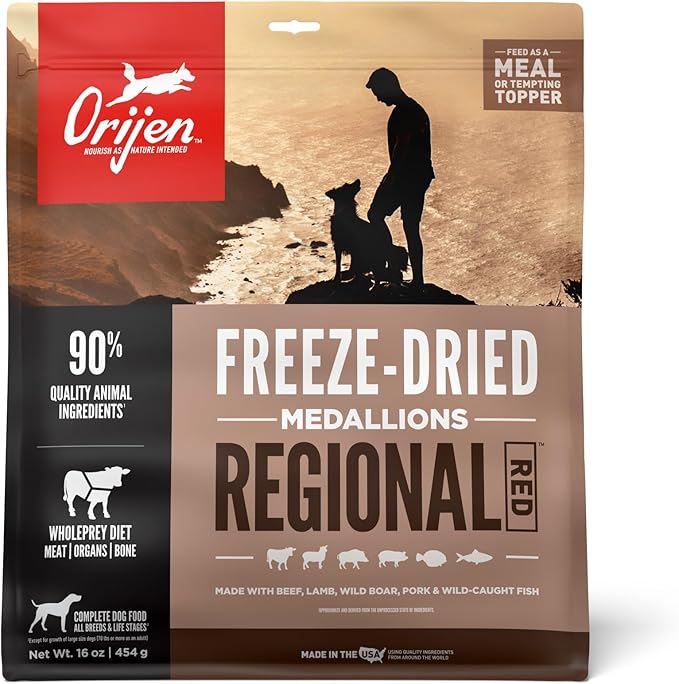 ORIJEN Grain Free High Protein Freeze Dried Dog Food & Topper Regional Red Recipe 16oz Bag