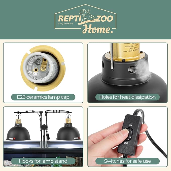2 Pack Reptile Light Fixture, 8.5in Deep Dome Reptile Heat Lamp Fixture with Switch, Dual Terrarium UVB Basking Light Fixture for Chameleons Chicks, Suitable for E26 Bulbs Up to 150W