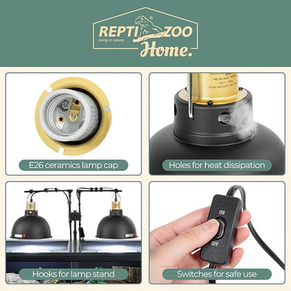 2 Pack Reptile Light Fixture, 8.5in Deep Dome Reptile Heat Lamp Fixture with Switch, Dual Terrarium UVB Basking Light Fixture for Chameleons Chicks, Suitable for E26 Bulbs Up to 150W