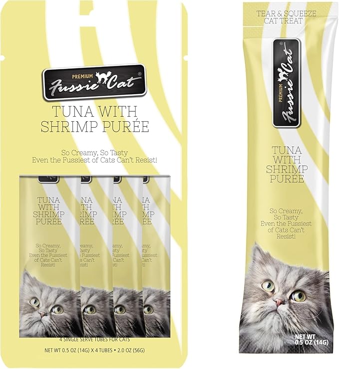 Fussie Cat Premium Puree Lickable Cat Treats in Tuna Puree, Lickable Treats, 3 Packs of 4-0.5oz Tubes,(12 Total Tubes) Variety Flavor Pack of 3 Flavors. Salmon, Shrimp, Chicken + Lid