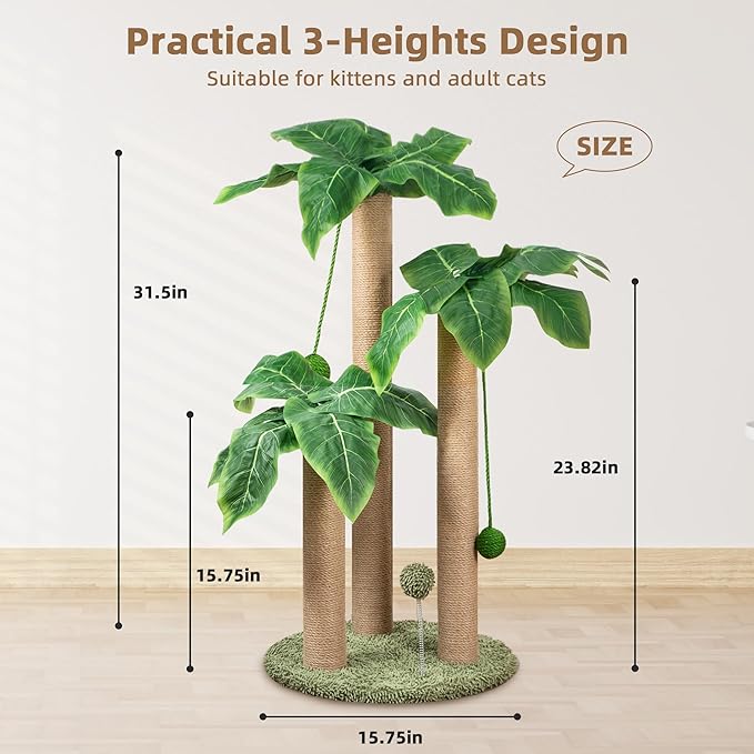Cat Scratching Post 31.5" Palm Tree Cute Cat Tree with 3 Scratching Poles Sisal Hanging Balls Cat Scratcher for Kitten and Adult Cats