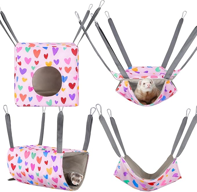 Glittme Ferret Hammock 4 Pack Ferret Cage Accessories Washable Rat Hammock Soft Guinea Pig Hammock for Ferrets, Rat, Sugar Glider, Squirrel