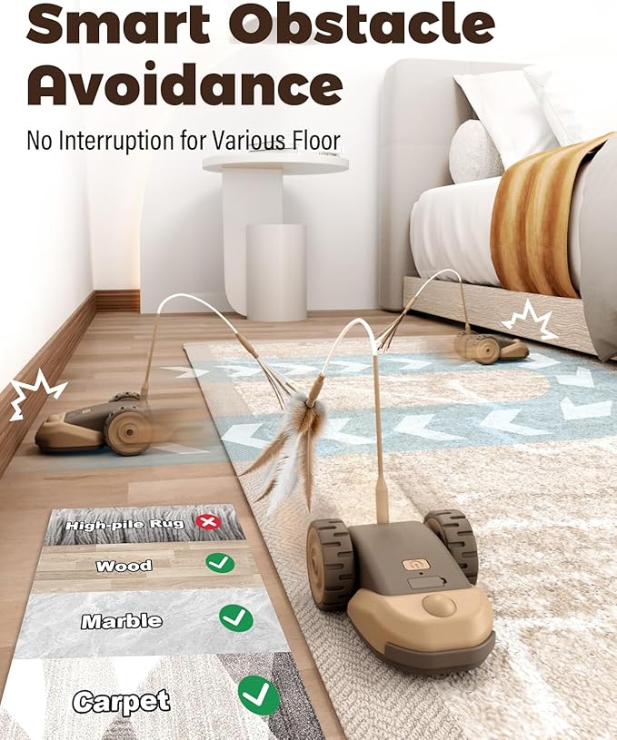 CYROS 3-in-1 Interactive Cat Toy - 2-Speed Automatic Moving Mouse Cat Toys Self Play with 2pcs Hanging Feather String Ribbon and Wiggly Silicone Mice Tail for Bored Indoor Adult Cats Kittens