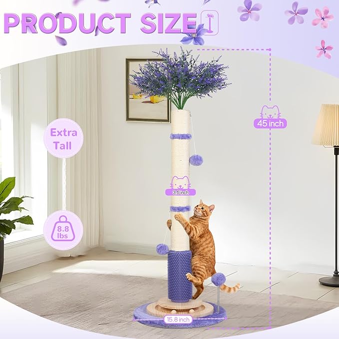 Cat Scratching Post for Indoor Large Adults,45'' Tall Vertical Cat Scratcher with 3.5Inch Diameter Sisal Post for Protect Furniture,Cute Tree with Interactive Ball Toys Self Groomer Brush for All Cats