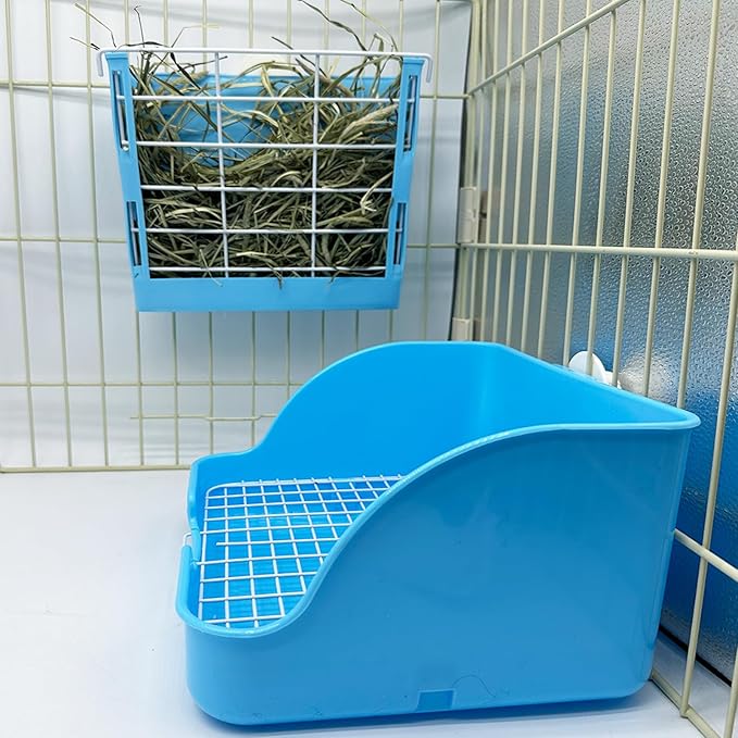 Rabbit Litter Box Bunny Potty Box Guinea Pig Hay Rack Feeder Rabbits Corner Litter Pan Potty Trainer Pet Toilet with Cleaning Set for Hamster, Guinea Pig, Ferret and Other Animals (Blue)