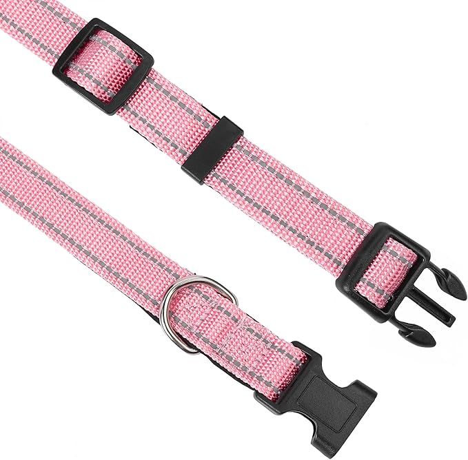 Reflective Dog Collar, Adjustable Soft Neoprene Padded Nylon Pet Collars with Buckle for Medium Dogs, Light Pink,M
