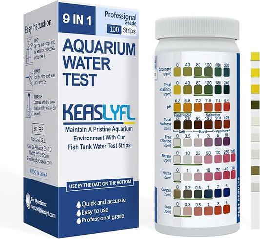 Aquarium Test Strips,100 Strips 9 in1 Saltwater and Freshwater Aquarium Test Kit for Aquarium,Pond and Fish tank,Testing Carbonate,Alkalinity,pH,Hardness,Free Chlorine,Nitrate,Nitrite,copper and Iron.
