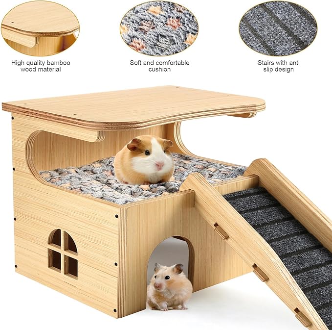 Upgraded Thickened Board Wooden Guinea Pig Castle Hideout - Spacious & Long-Lasting Small Pet Mansion with Stairs & Mat for Guinea Pigs, Chinchillas, Rats, Hamsters, and Bunnies