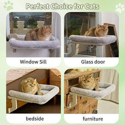 Cat Window Perch, Adjustable Cat Hammock for Large Cats, Mounts on Window Sills, Bedside, or Glass, Easy Installation and Removal, Washable Cushion Cover (20.5" W×15.7" L, Gray)