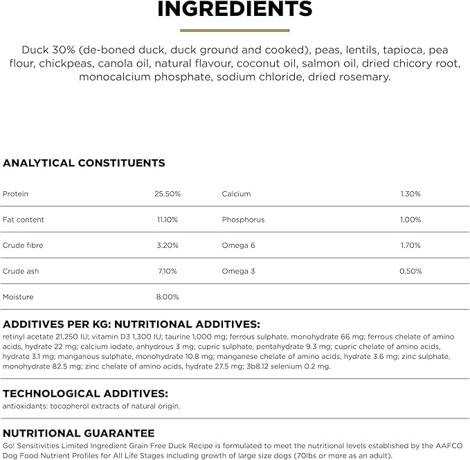 Go! Solutions Sensitivities Limited Ingredients, Grain-Free Dry Dog Food, Duck Recipe for Sensitive Stomach, 3.5 lb Bag