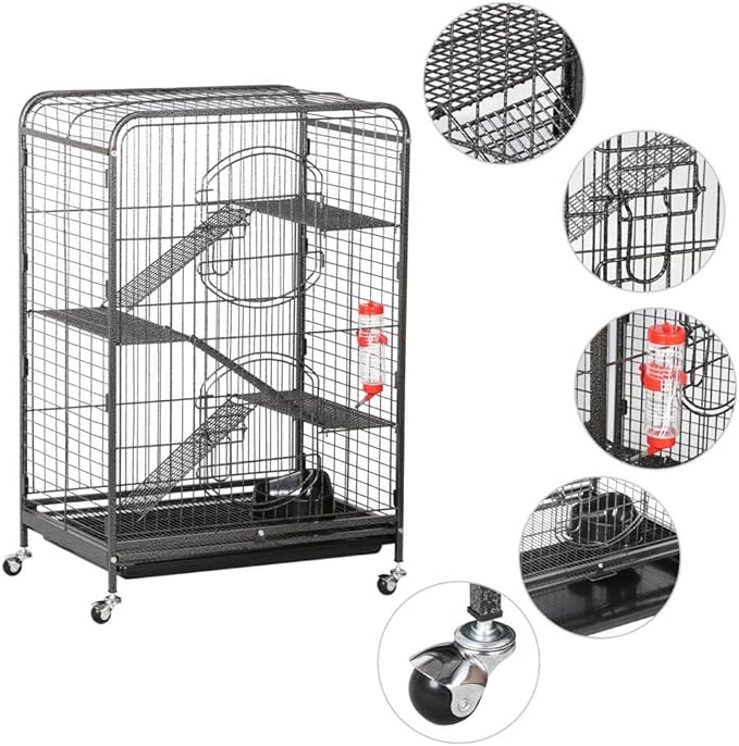 Yaheetech 37-inch Metal Ferret Chinchilla Cage Indoor Outdoor Small Animals Hutch w/ 2 Front Doors/Feeder/Wheels for Squirrel,Black