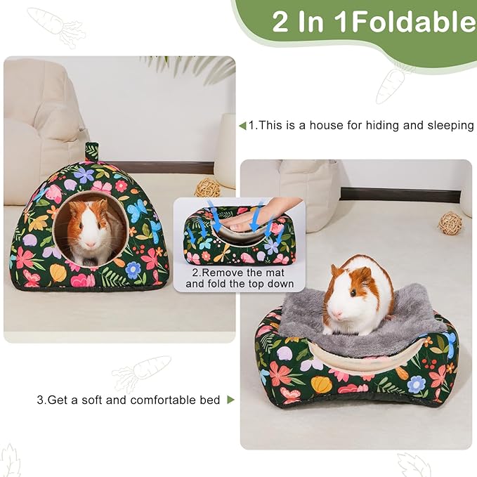 Glittme Guinea Pig Hideout 2Pack Guinea Pig Bed with Soft Pads Washable Guinea Pig House with Non-Slip Bottom Rabbit Hideout for Guinea Pig, Ferrets, Hamster, Guinea Pig Accessories, S