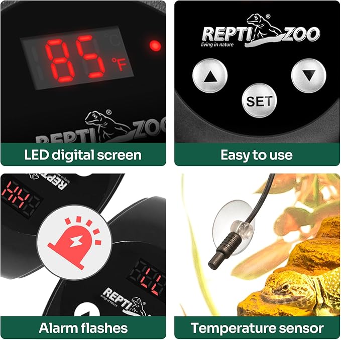 REPTI ZOO Reptile Light Fixture Dimming Thermostat Combo Pack, 8.5 Inch Deep Dome Lamp Fixture Max 150W, PID Reptile Thermostat Temperature Controller for Reptile Heat Lamp Bulb