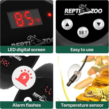 REPTI ZOO Reptile Light Fixture Dimming Thermostat Combo Pack, 8.5 Inch Deep Dome Lamp Fixture Max 150W, PID Reptile Thermostat Temperature Controller for Reptile Heat Lamp Bulb