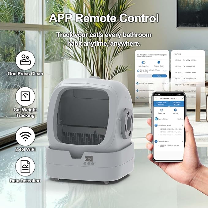 Automatic Cat Litter Box Self Cleaning - APP Control and Weight Monitoring - Ultra-Quiet, Suitable for Medium Cats and Kittens, Safe Anti-Pinch Litter Box (Assembly Required) - Light Grey