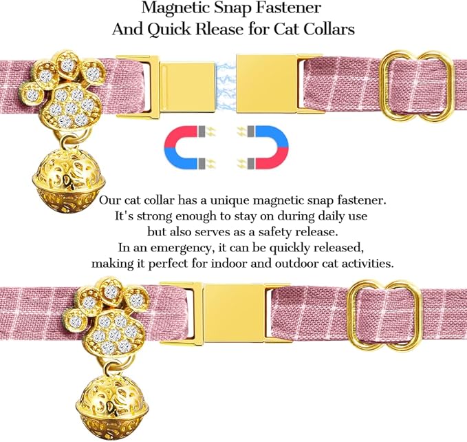 Personalized Breakaway Cat Collars - Magnetic Buckle, Bell - Safety Quick Release, Customized for Girls & Boys Cats - Herringbone