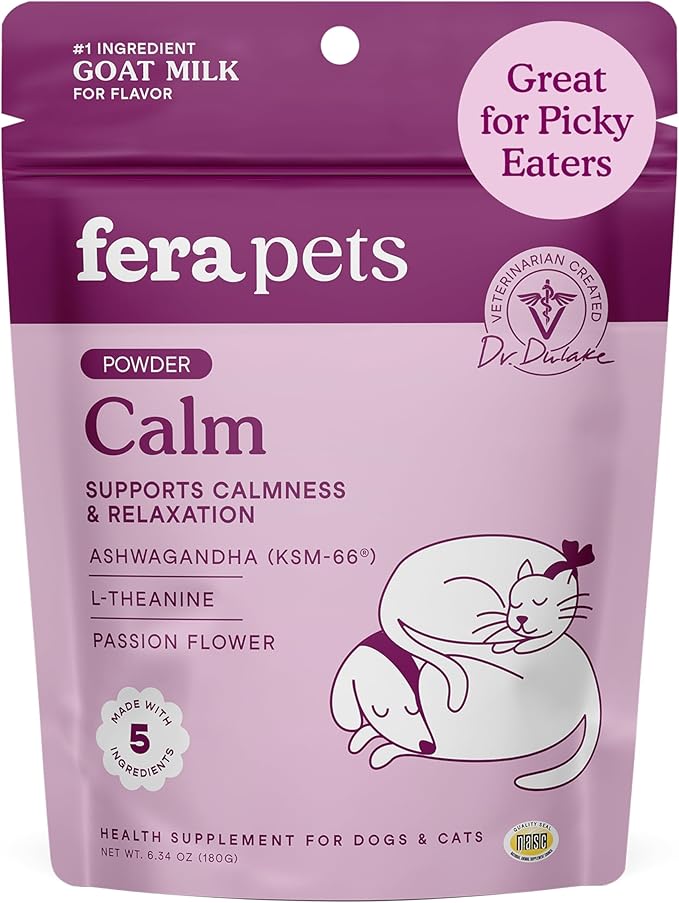 Fera Pets Goat Milk - Calming Supplement for Dogs & Cats - Ashwagandha, L-Theanine, & Passion Flower - Supports Anxiety Relief & Relaxation - for Picky Eaters - 60 TSP